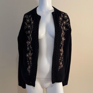 Vintage Floral Embroidered Black Cashmere Cardigan